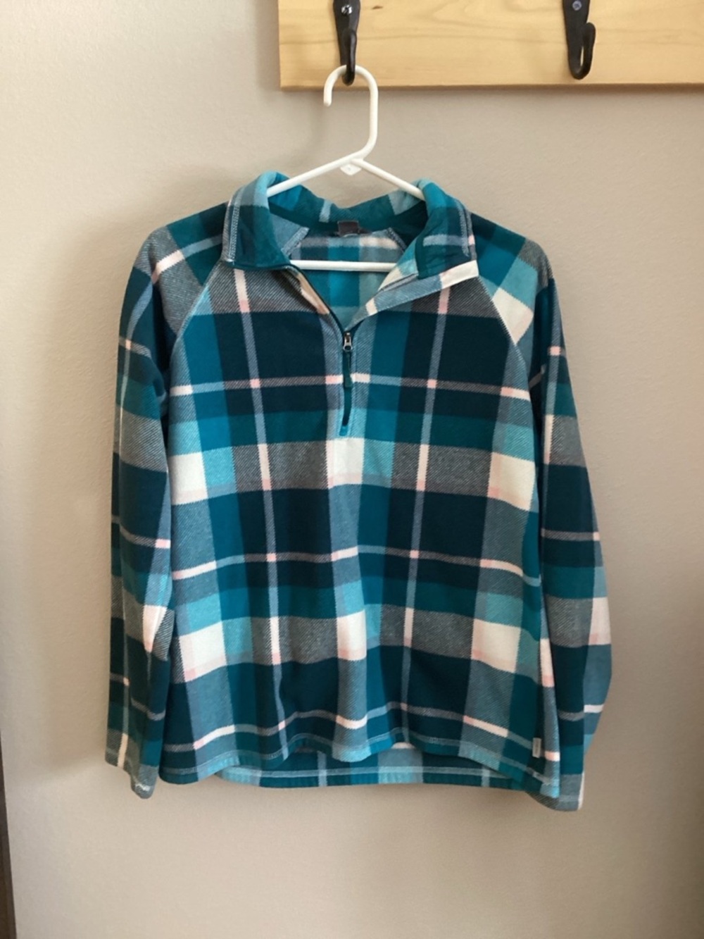 Eddie Bauer Vintage Retro Teal & White Plaid Half-Zip Fleece Pullover Size L